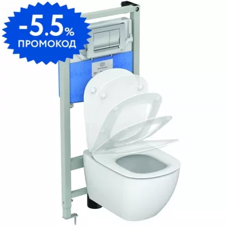 Комплект инсталляция с унитазом, крышкой и кнопкой смыва «Ideal Standard» Tessi T387201 безободковый белый/хром