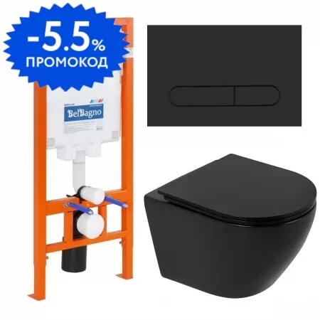 Комплект инсталляция с унитазом, крышкой и кнопкой смыва «Belbagno» Colorato BB062CHR-MB/BB062SC-MB/BB002-80/BB007-PR-NERO.M безободковый черный