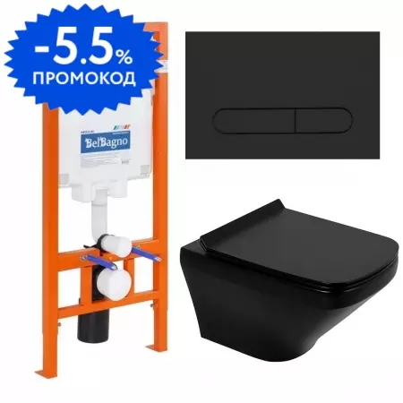 Комплект инсталляция с унитазом, крышкой и кнопкой смыва «Belbagno» Sela BB3201CHR-MB/BB3201SC-MB/BB002-80/BB007-PR-NERO.M безободковый черный