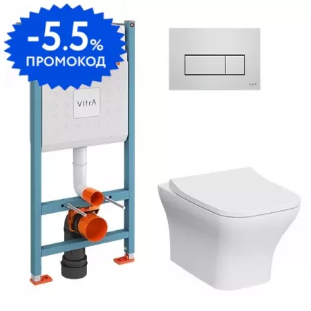 Комплект инсталляция с унитазом, крышкой и кнопкой смыва «Vitra» Mia Square 9875B003-7201 безободковый белый