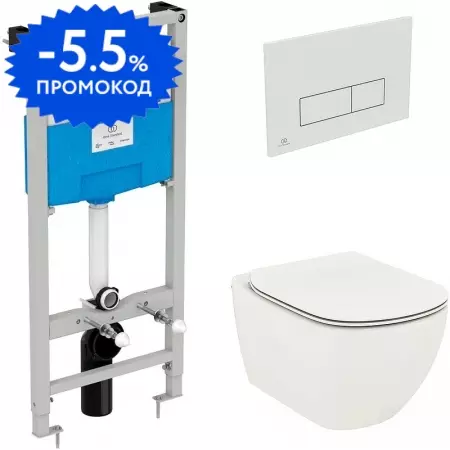 

Комплект инсталляция с унитазом, крышкой и кнопкой смыва «Ideal Standard» Tesi Aqua Blade T3868V1/121AC безободковый белый