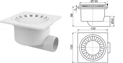 Трап для душа «AlcaPlast» APV15 150*150/50 APV15 боковой выпуск белый 