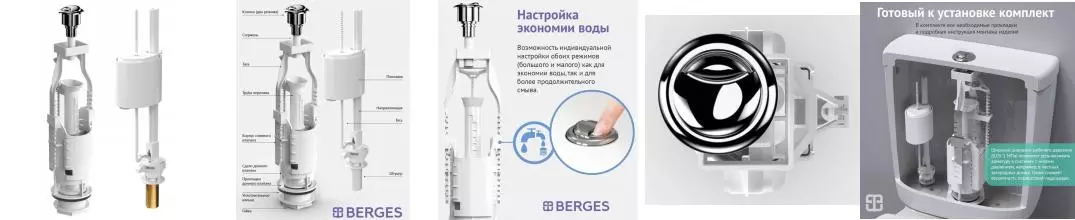 Комплект арматуры для бачка унитаза «Berges Wasserhaus» 030521 Eko21.1 нижний 1/2" с двойной кнопкой,латунь