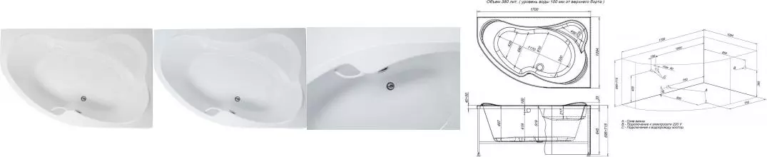 Ванна акриловая «Aquanet» Capri 170/110 с каркасом без сифона с ручками белая правая