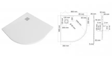 Душевой поддон «WasserKRAFT» Main 41T01 90/90 низкий стеклопластик четверть круга белый
