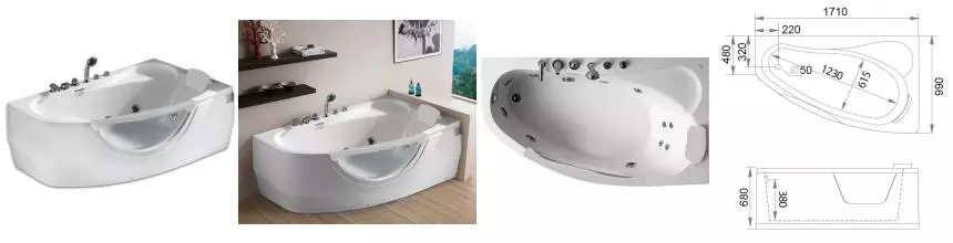 Гидромассажная ванна акриловая «Gemy» G9046 II B 171/99 с каркасом с сифоном белая правая