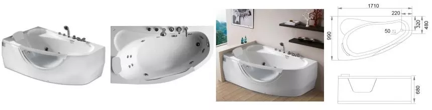 Гидромассажная ванна акриловая «Gemy» G9046 II B 171/99 с каркасом с сифоном белая левая