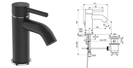 Смеситель для раковины «Ideal Standard» Kolva BC666U4 с донным клапаном чёрный матовый/хром