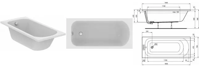 Ванна акриловая «Ideal Standard» Simplicity 160/70 без опор без сифона белая