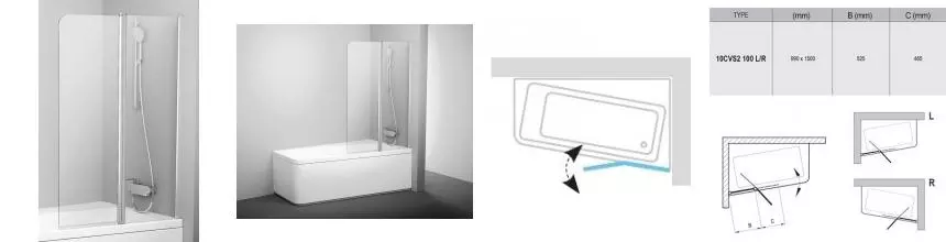 Шторка на ванну стеклянная «Ravak» 10CVS2 100 Transparent/сатин правая