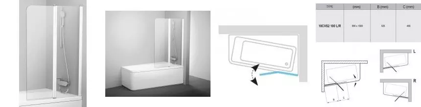 Шторка на ванну стеклянная «Ravak» 10CVS2 100 Transparent/белая правая