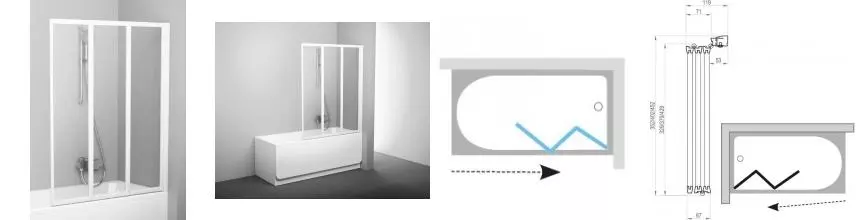 Шторка на ванну стеклянная «Ravak» VS3 130 Transparent/белая универсальная