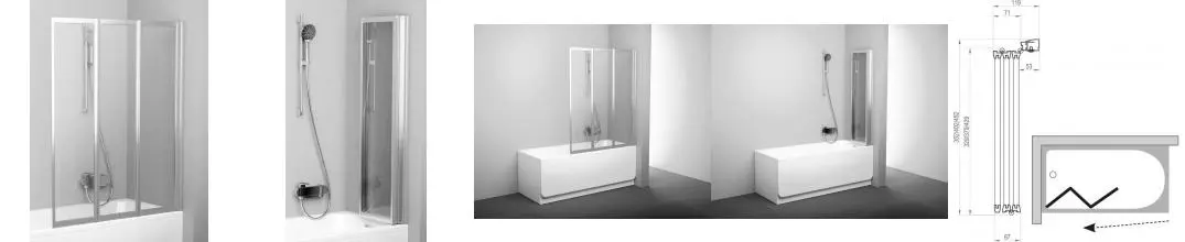Шторка на ванну стеклянная «Ravak» VS3 115 Transparent/сатин универсальная