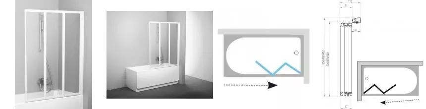 Шторка на ванну стеклянная «Ravak» VS3 115 Transparent/белая универсальная