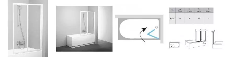 Шторка на ванну стеклянная «Ravak» VS2 105 Transparent/белая универсальная