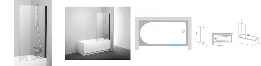 Шторка на ванну стеклянная «Ravak» PVS1 80 Transparent/чёрная универсальная