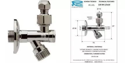 Кран шаровой бытовой «Remer» RR 120SN 1/2"-10ц с фильтром НР-под цангу хром