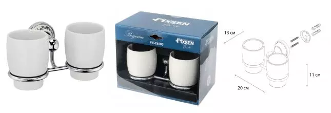 Двойной стакан для зубных щёток «Fixsen» Bogema FX-78507 на стену хром/белый