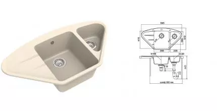 Мойка для кухни угловая «Ewigstein» Wink 80KF 95/51 искусственный камень крем