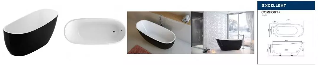 Ванна акриловая «Excellent» Comfort 2.0 175/74 с ножками без сифона белая/чёрная