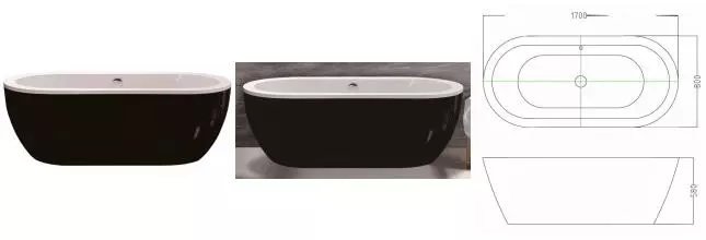 Ванна акриловая «Esbano» Tokyo 170/80 с ножками с сифоном белая/чёрная