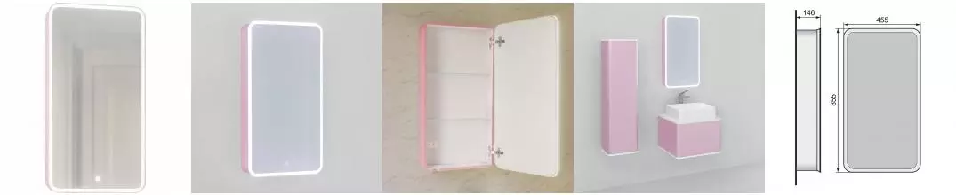 Зеркальный шкаф «Jorno» Pastel 46 с подсветкой розовый иней