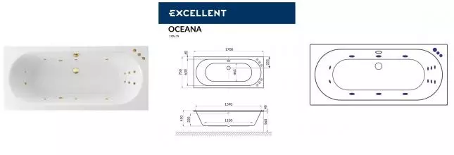 Гидромассажная ванна акриловая «Excellent» Oceana 170/75 Smart с каркасом с сифоном белая/золото