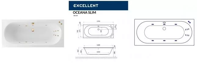 Гидромассажная ванна акриловая «Excellent» Oceana Slim 180/80 Line с каркасом с сифоном белая/золото