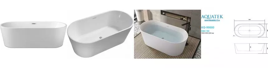 Ванна акриловая «Акватек» ОВО 180/80 с ножками с сифоном белая