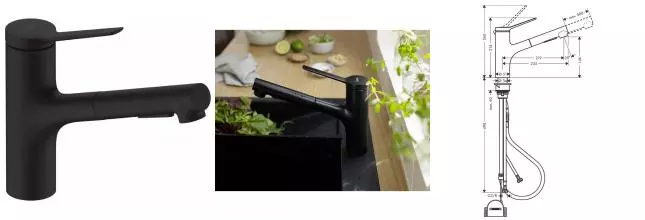 Смеситель для кухонной мойки «Hansgrohe» Zesis M33 74803670 с выдвижным изливом чёрный матовый