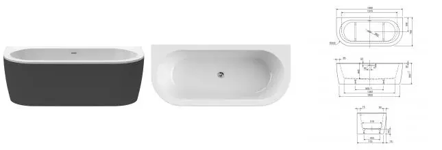 Ванна акриловая «Cezares» Slim Wall 180/80 с ножками перелив без сифона белая/чёрная