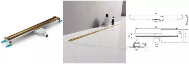 Душевой лоток «New Trendy» Visio Slim 60 см. OL-0081 боковой выпуск брашированное золото 