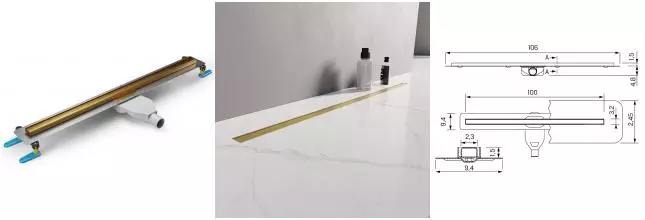 Душевой лоток «New Trendy» Visio Slim 100 см. OL-0085 боковой выпуск брашированное золото 