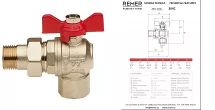 Кран шаровой магистральный  «Remer» RR 364C 3/4"-3/4"угловая ВР-НР (американка) никель