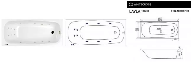 Гидромассажная ванна акриловая «Whitecross» Layla 180/80 Line с каркасом с сифоном белая/бронза