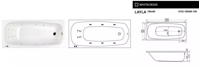 Гидромассажная ванна акриловая «Whitecross» Layla 180/80 Line с каркасом с сифоном белая/золото