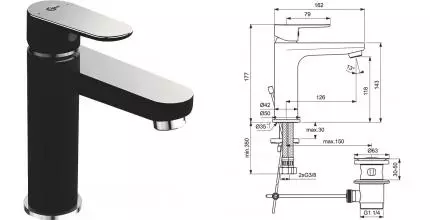 Смеситель для раковины «Ideal Standard» Tyria BC159HS с донным клапаном чёрный матовый/хром