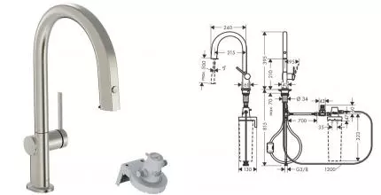 Смеситель для кухни с подключением к фильтру «Hansgrohe» Aqittura M91 76803800 с выдвижным изливом сталь