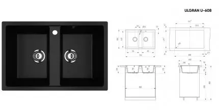 Мойка для кухни «Ulgran» U-608-344 77/50 искусственный камень ультра-черная