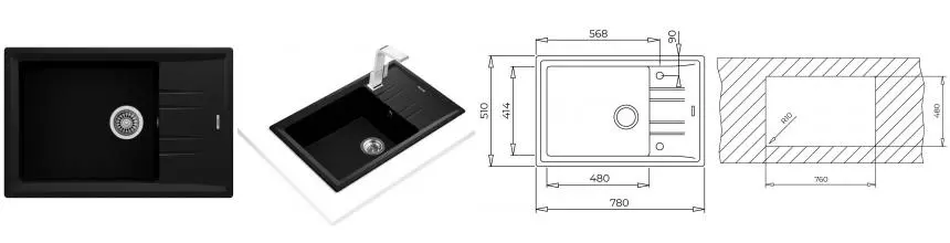 Мойка для кухни «Teka» Stone 60 S-TG 1B 1D 78/51 искусственный камень чёрный металлик универсальная