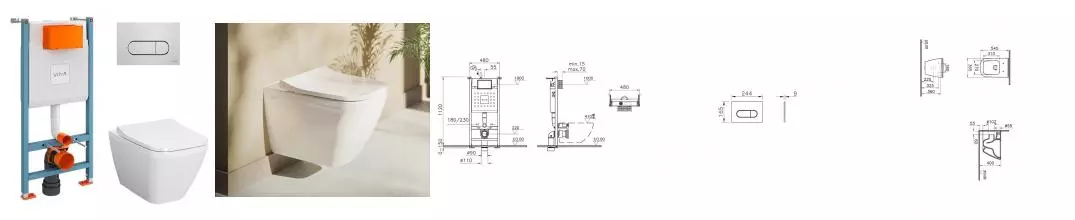 Комплект инсталляция с унитазом, крышкой и кнопкой смыва «Vitra» Integra Square 9856B003-7207 безободковый белый