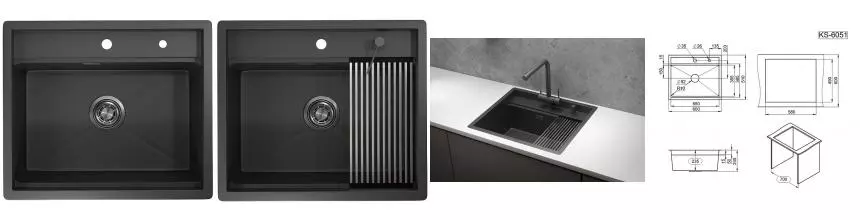 Мойка для кухни «Granula» Kitchen Space KS-6051 60/51 нержавеющая сталь чёрная матовая