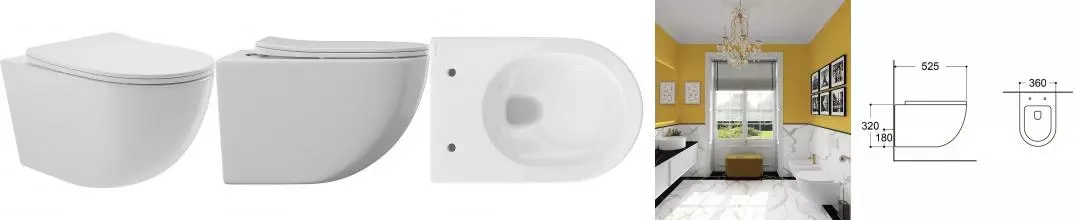 Подвесной унитаз безободковый «Aqueduto» Ovo OVO0110 белый глянец с сиденьем дюропласт с микролифтом белое