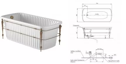 Ванна из литьевого мрамора «Migliore» Olivia Console 174/83 с каркасом с сифоном белая/бронза