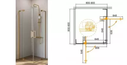 Душевой угол-ограждение «Cezares» SLIDER-A-2-80/90-C-BORO 90/90 прозрачный/брашированное золото квадратный без поддона