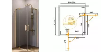 Душевой угол-ограждение «Cezares» SLIDER-A-2-80/90-GRIGIO-BORO 90/90 тонированный/брашированное золото квадратный без поддона