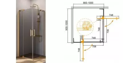 Душевой угол-ограждение «Cezares» SLIDER-A-2-90/100-GRIGIO-BORO 100/100 тонированный/брашированное золото квадратный без поддона