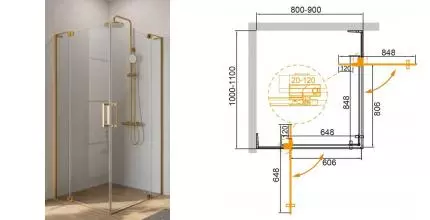 Душевой угол-ограждение «Cezares» SLIDER-AH-2-80/90-100/110-C-BORO 90/110 прозрачный/брашированное золото прямоугольный без поддона