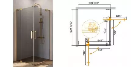 Душевой угол-ограждение «Cezares» SLIDER-AH-2-80/90-90/100-GRIGIO-BORO 90/100 тонированный/брашированное золото прямоугольный без поддона