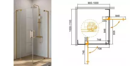 Душевой угол-ограждение «Cezares» SLIDER-AH-2-90/100-100/110-C-BORO 100/110 прозрачный/брашированное золото прямоугольный без поддона